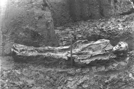 The first bog body ever photographed, which was discovered in Denmark in 1898.