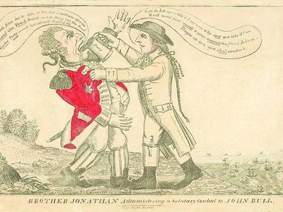 Brother Jonathan attacks John Bull&mdash;an avatar for the Brits&mdash;with a flagon of pear cordial in this c. 1813 cartoon by Amos Doolittle of Connecticut.