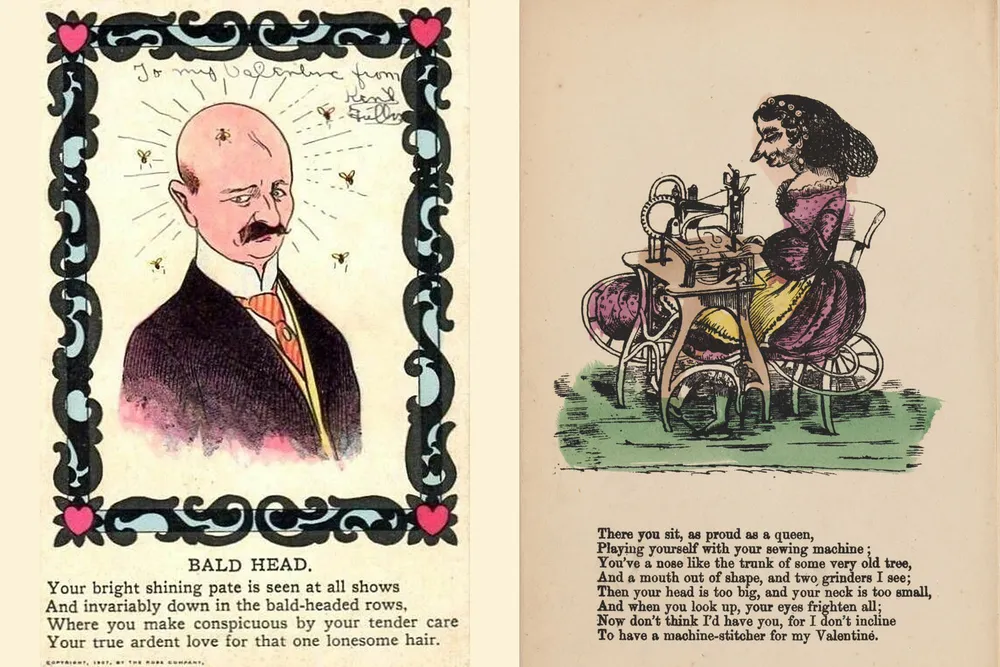 A pair of vinegar valentines poking fun at the recipients' looks