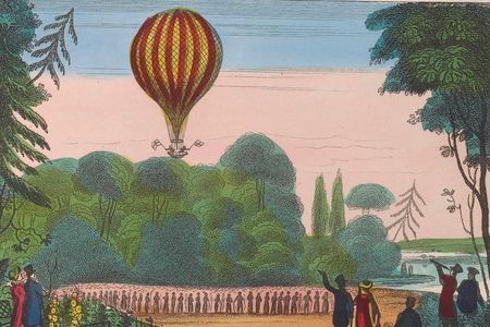 Mr. Green’s ascent in the Royal Vauxhall, circa 1836, is one of several illustrations found in William Upcott’s scrapbook of early aeronautica. 