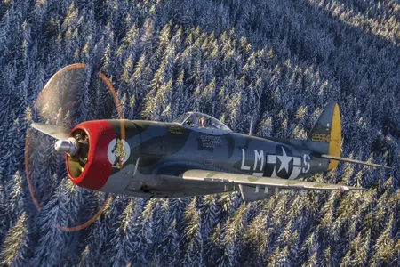 ★ Republic P-47 Thunderbolt ★ The heaviest single-engine aircraft of the war, the P-47 was a tail-sitter with wide-stance landing gear and flat-face radial engine giving it the look of an aggressive bull-dog. Its 2,000-hp Pratt & Whitney R-2800 18-cylinder radial engine, boosted by a General Electric turbosupercharger, endowed it with 400+ mph performance up to 40,000 feet. But it frequently flew low to annihilate armored vehicles, trains, gun emplacements, and anything unlucky enough to be under its flight path.