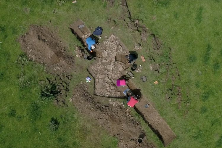 An aerial view of excavations at Collyweston Palace