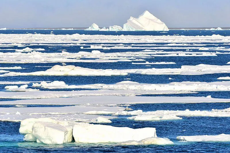 A seascape photo of the Laptev Sea in the Arctic Circle. In the foreground, small ice sheets float on bright blue water. There is a taller ice sheet along the horizon, where the ocean means the gray sky.