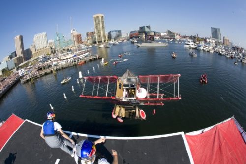 Human-powered airplanes take wing over Baltimore's Inner Harbor.