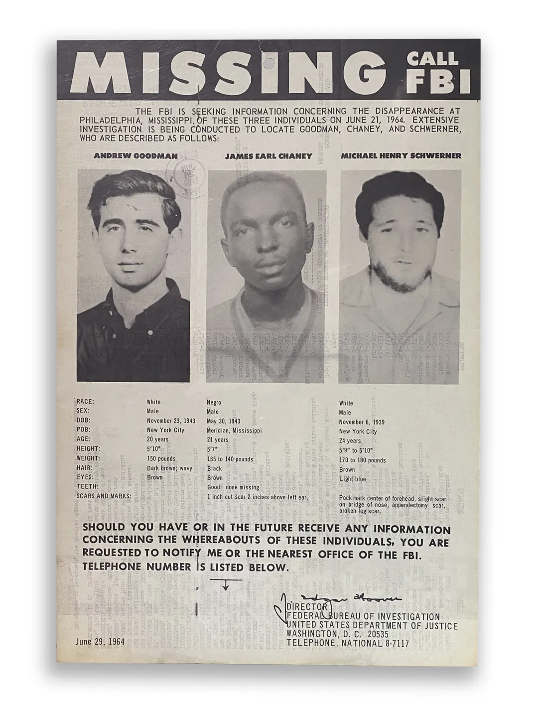 FBI missing poster for three Freedom Riders murdered in Mississippi in 1964