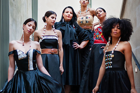 Norma Baker–Flying Horse (third from left) with models wearing her Red Berry Woman designs. Paris Fashion Week, March 2019. (Ulla Couture Photography)