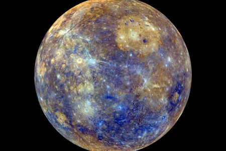 This false-colored image of Mercury reflects the varying age and mineral composition of the surface.
