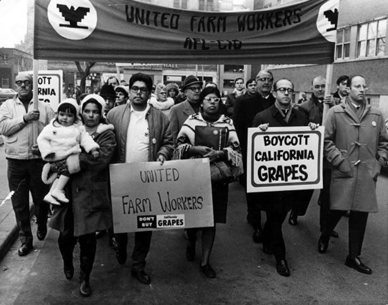 Image of protestors carrying United Farmworkers banner and signs