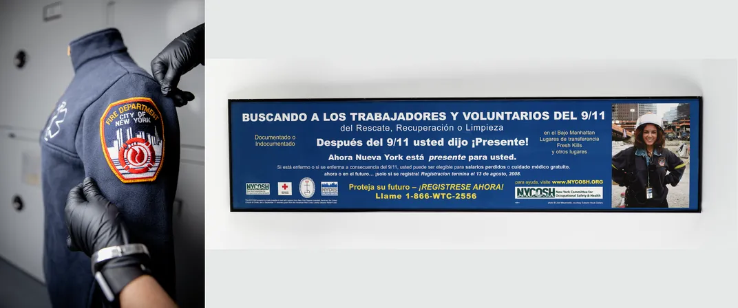 A sweatshirt worn by first responder Ivonne Coppola Sanchez (left) and an ad featuring a photo of Coppola Sanchez (right)