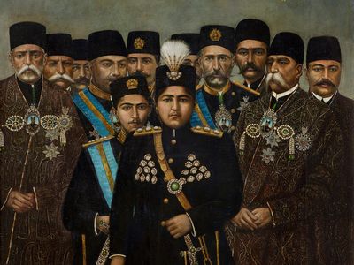 Ahmad Shah (r. 1909–25) and his cabinet   by Assadullah al-Husayni naqqash-bashi, 1910