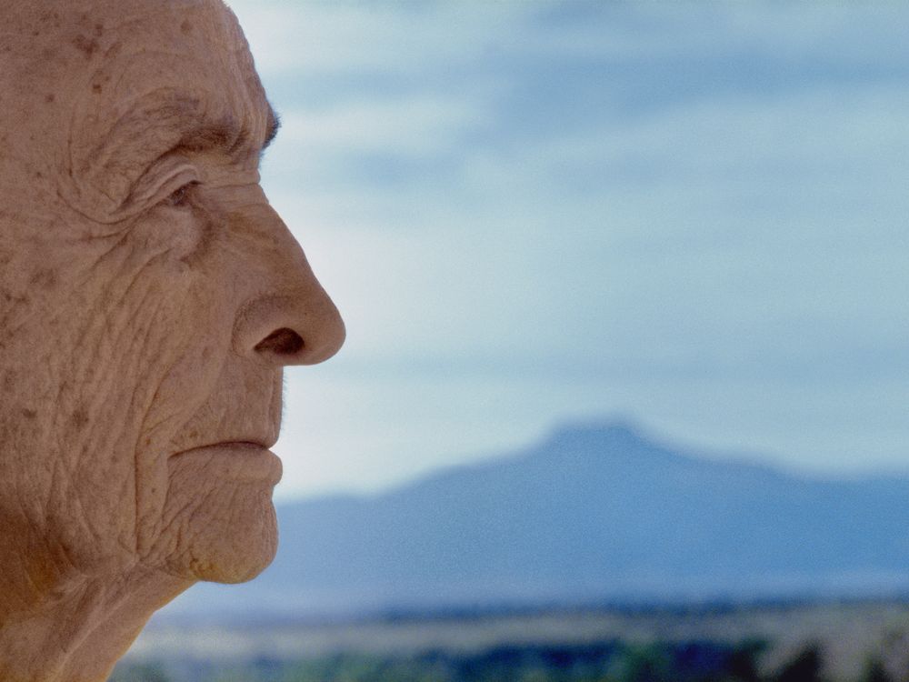 Georgia O'Keeffe pictured with New Mexico in background.