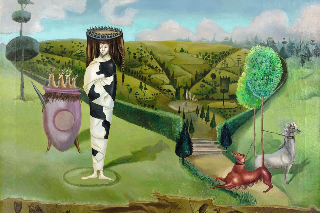 Surrealist painting with green backdrop and shapes and figures