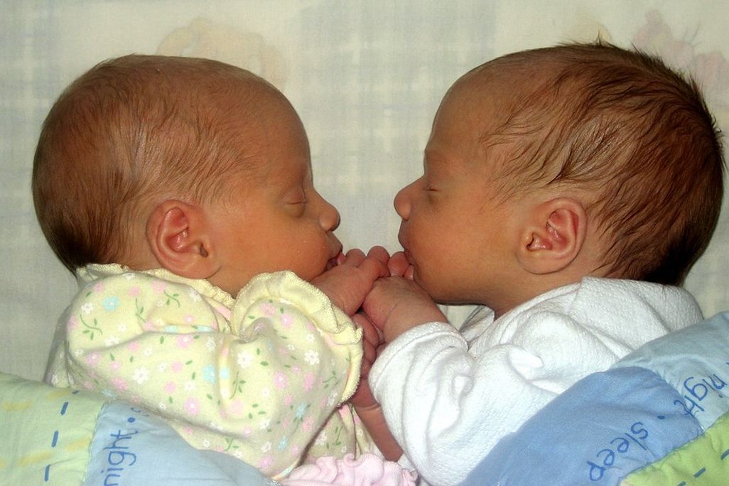 A photo of two newborns facing each other and holding hands