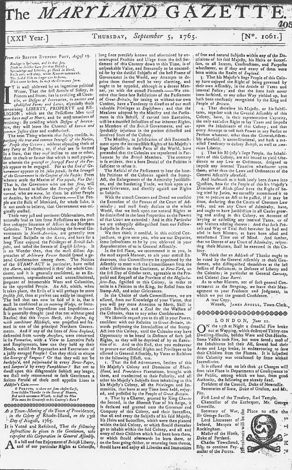 A copy of the September 5, 1765, Maryland Gazette, featuring a skull and crossbones in place of a stamp to protest the Stamp Act