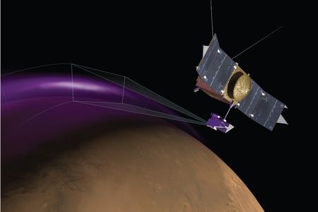 An artists conception of NASA's MAVEN spacecraft observing the aurora on Mars