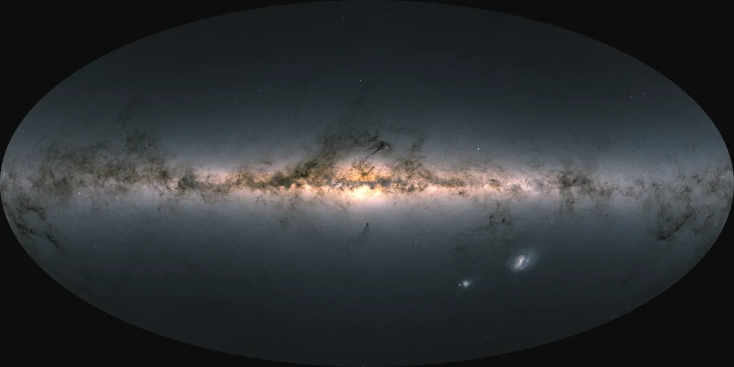 The map of the night sky, colorized, as captured by the European Space Agency's Gaia Satellite.