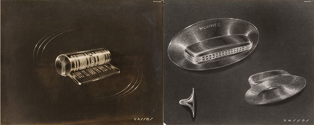 Concept sketches for harmonicas designed by John Vassos.