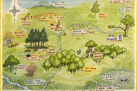 E.H. Shepard illustrated a map of the Hundred Acre Wood for&nbsp;A.A. Milne&#39;s&nbsp;The World of Pooh&nbsp;(1957).