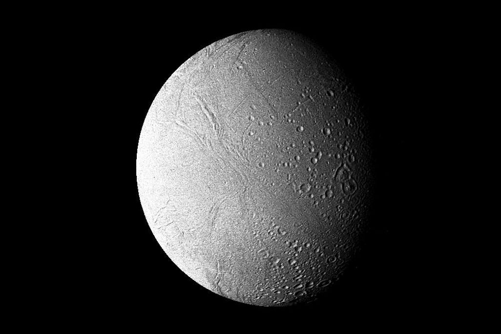 a cratered, spherical, white moon against a black background