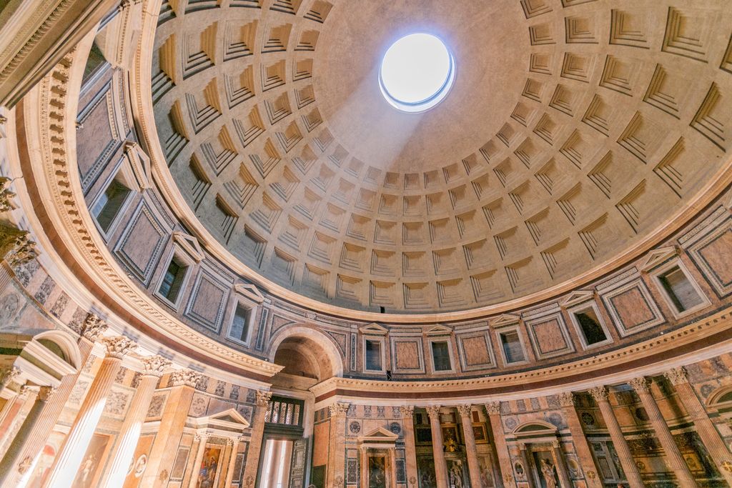 A view of the Pantheon's dome in Rome from the inside of the building.
