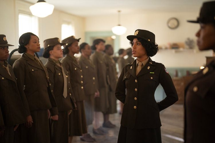 Kerry Washington reviews a line of Women's Army Corps officers