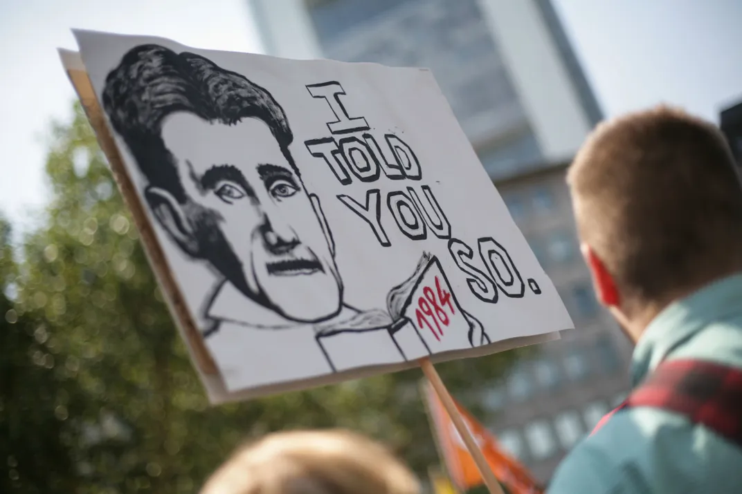 A poster from a 2013 protest against the National Security Agency invokes Orwell's image.