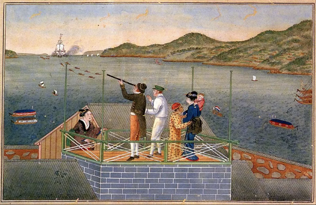 Philipp Franz von Siebold (holding the telescope), and Sonogi (holding their baby-daughter Ine) watching an incoming Dutch ship at Dejima, along with other residents