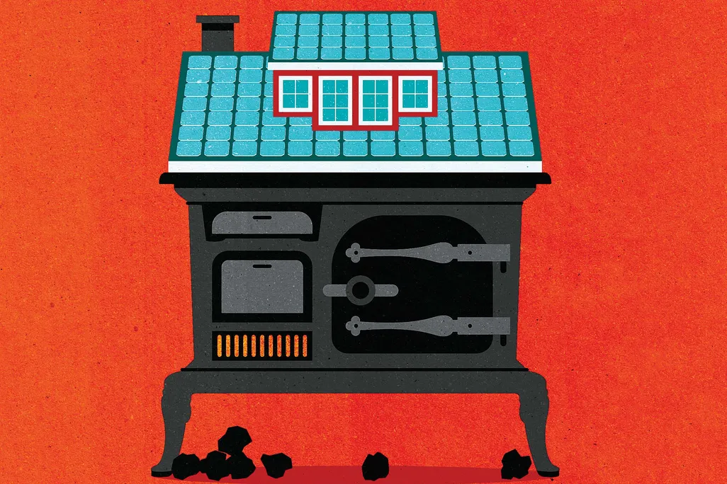 an illustration of a coal stove made to look like a house with solar panels on the roof