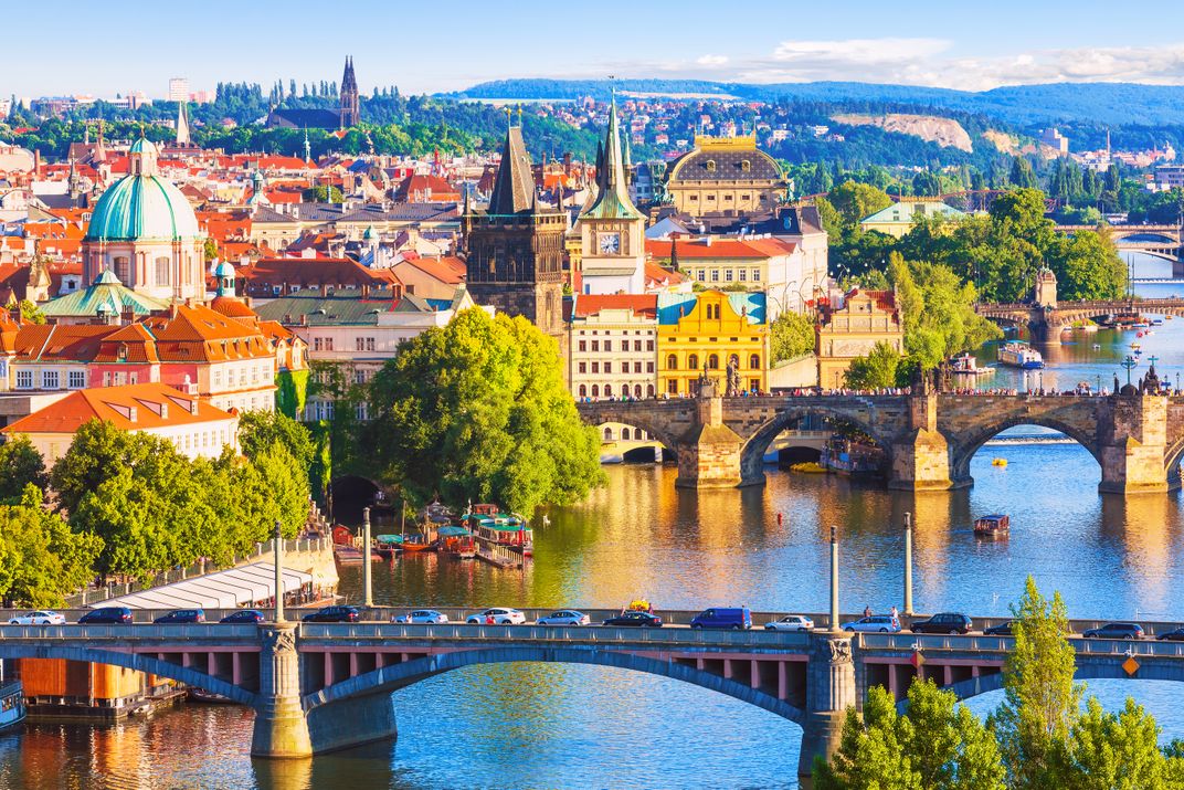 Prague and the Vltava River and historic Charles Bridge