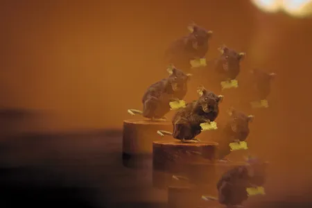 A taxidermied Cumulina holds a block of toy cheese.