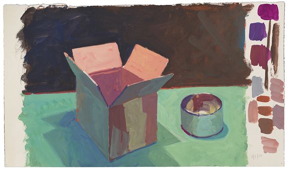 Painting sketch featuring a cardboard box in various shades of red, pink, orange, and blue, beside a small green can or jar with red and blue marks inside of it. Both objects are sitting on a green surface with a dark background, and various colors of pai