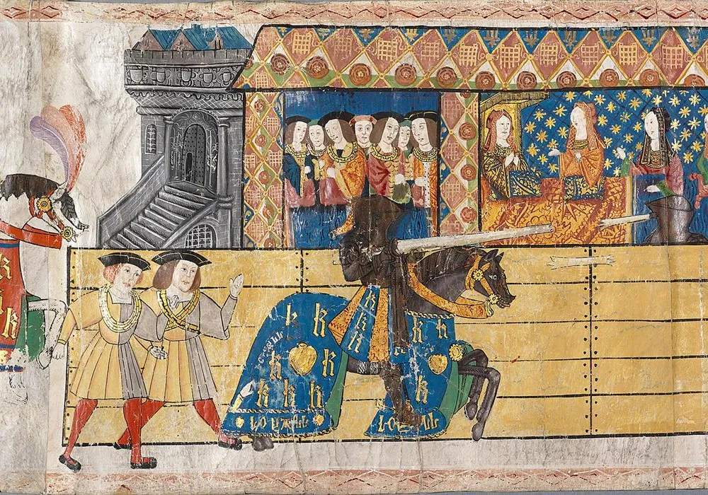 Detail showing Henry VIII tilting in front of Katherine of Aragon