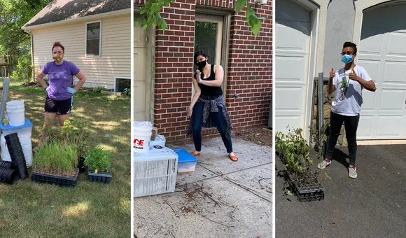 Rachael Brenneman (left), Julia Smith (center), and Skye Austin (right) pose with supplies for their remote research projects. Photo: Amy Hruska