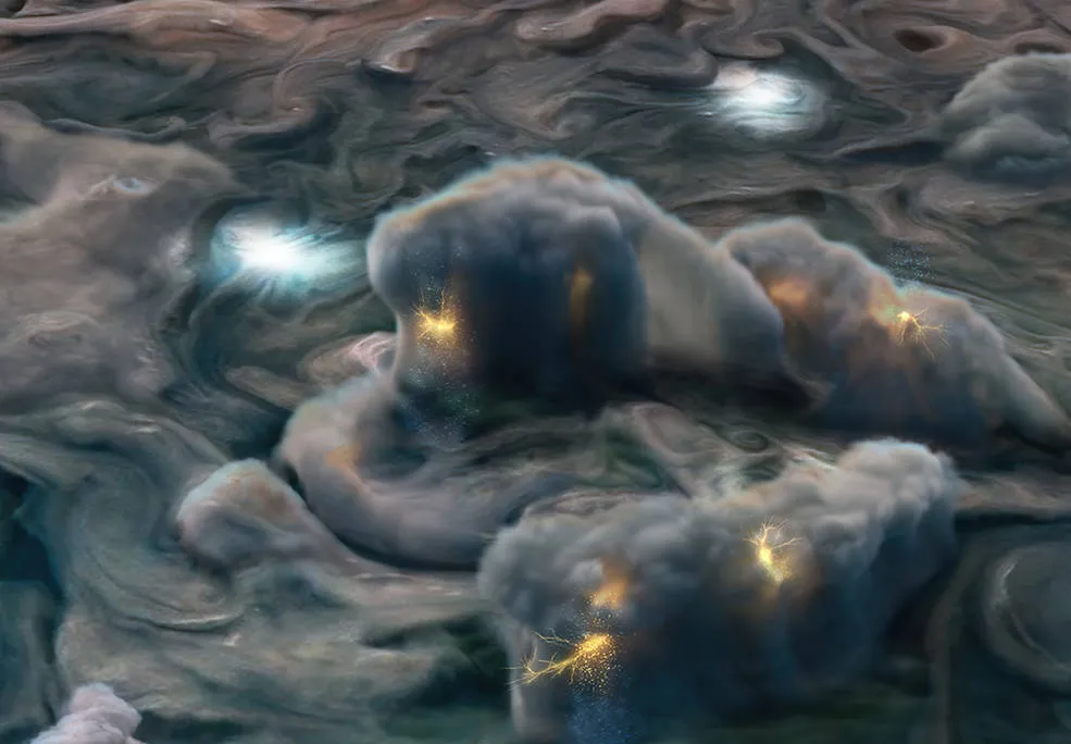 A gray, swirling cloud with bright spots of lightning