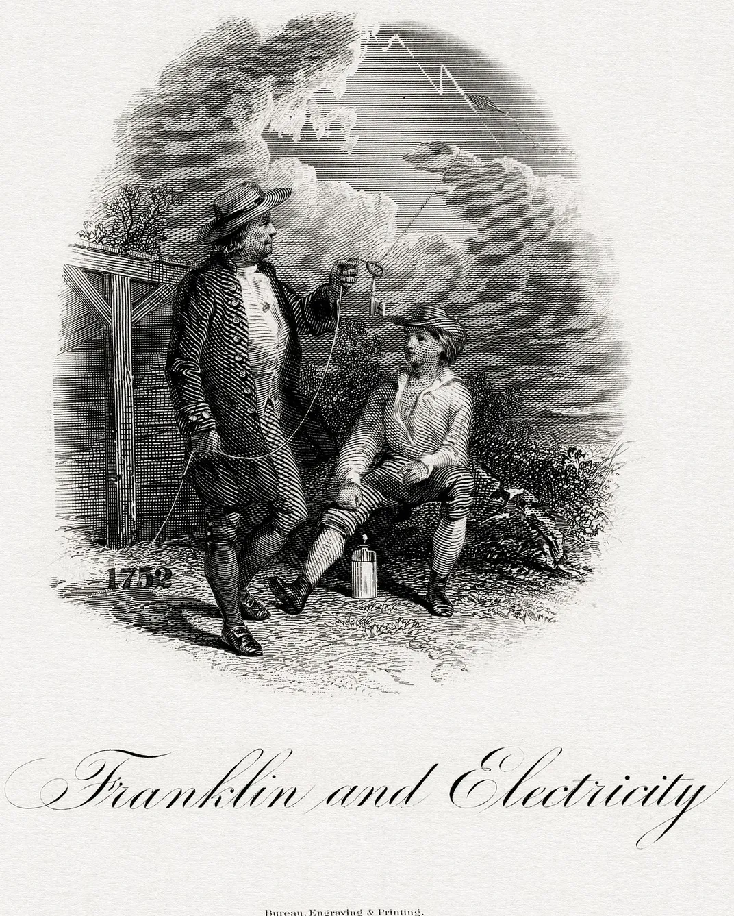 Bureau of Engraving and Printing engraved vignette titled Franklin and Electricity
