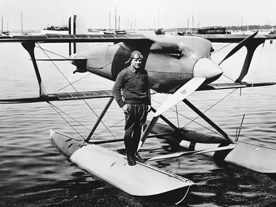Jimmy Doolittle with his Curtiss R3C-2 Racer, the plane in which he won the 1925 Schneider Trophy race.