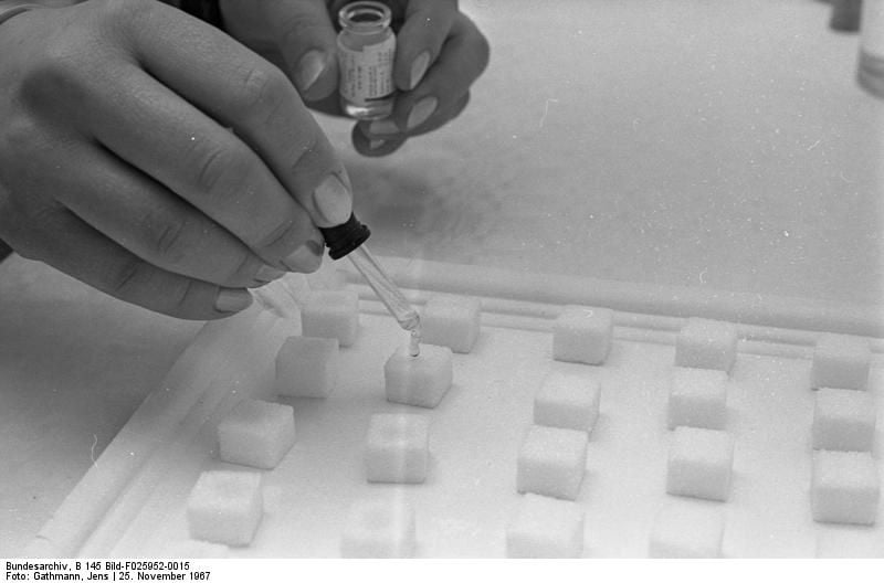 Doses of oral polio vaccine are added to sugar cubes for use in a 1967 vaccination campaign