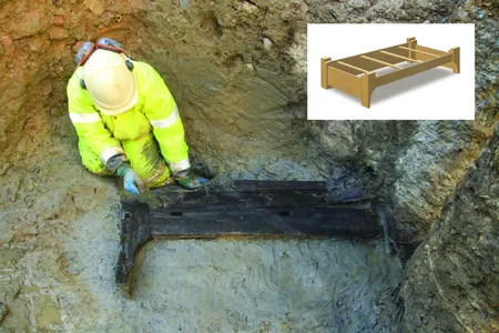 An image of an archaeologist excavating the wooden funerary bed and a reconstruction of the artifact (top right)

