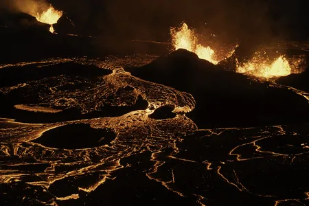 Lava erupts from the&nbsp;Sundhn&uacute;kur volcano on June 3, 2024, on the Reykjanes Peninsula near Grindavik, Iceland.&nbsp;The volcano has erupted five times since December 2023, forcing evacuations of Grindavik and the Blue Lagoon geothermal spa.
