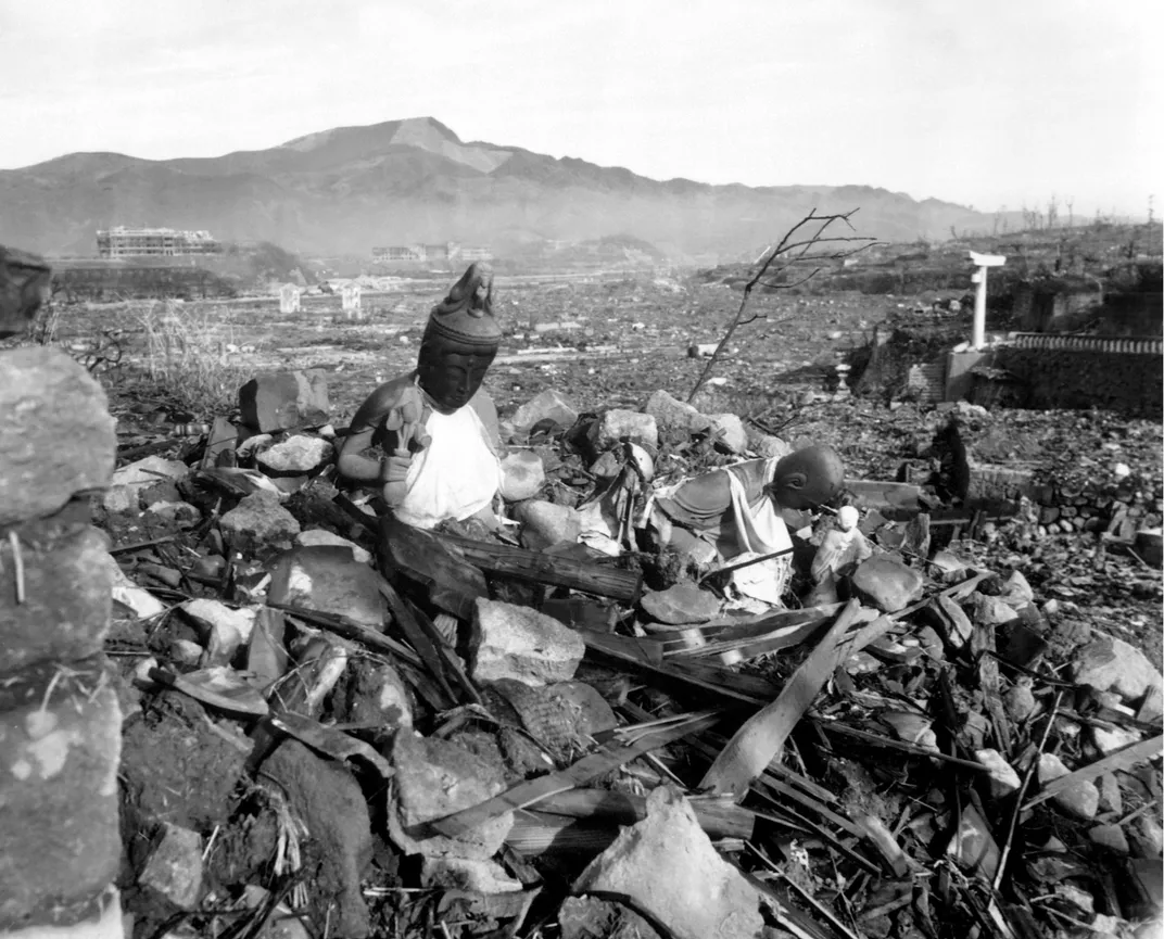 The ruins of a temple in Nagasaki after the atomic bombing
