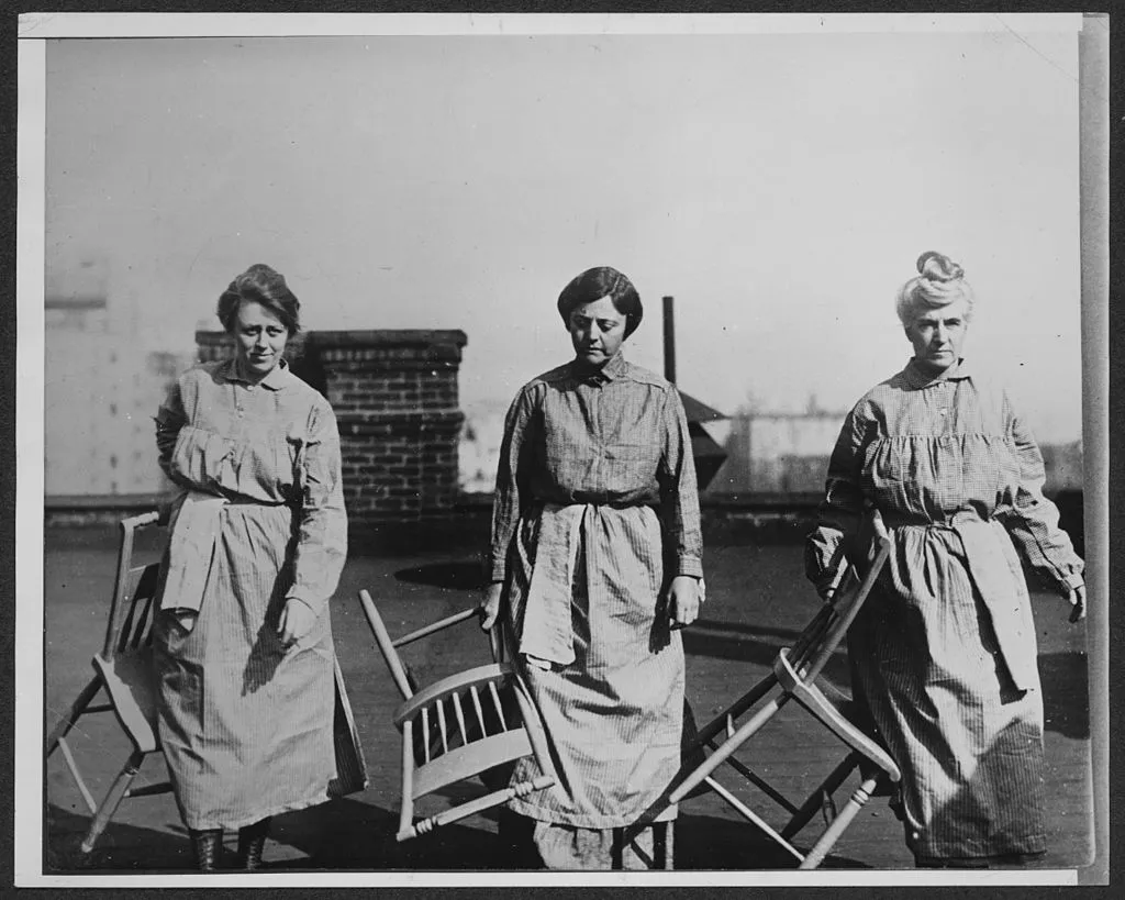 Heterodoxy members Doris Stevens (left) and Alison Turnbull Hopkins (center), with suffragist Eunice Dana Brannan (right), during the trio's detention at Occoquan Workhouse in Virginia