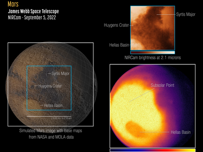 James Webb Space Telescope&#39;s first images of Mars, captured by its Near-Infrared Camera (right), and a reference map (left)