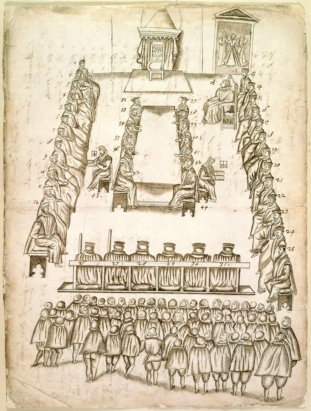 Drawing of the trial of Mary, Queen of Scots
