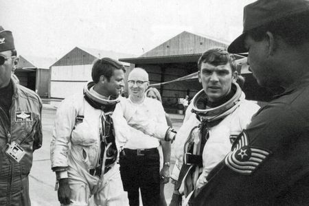 Eldon Joersz (left) and George Morgan on the day of their record-setting flight.