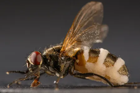 The white substance on this fly is a fungus called&nbsp;Entomophthora muscae.
