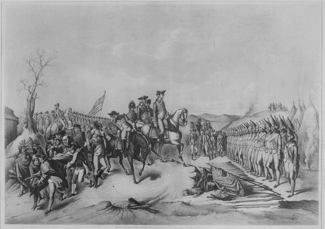 A depiction of Hessian troops' surrender to George Washington after the Battle of Trenton