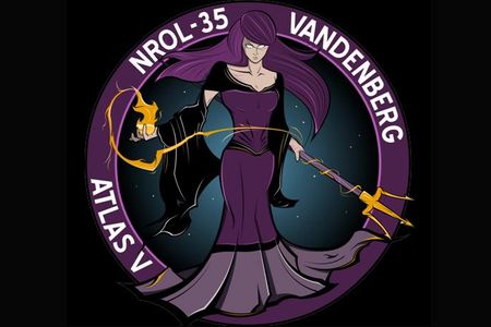 Enthusiasts examining the patch for NROL-35 think the trident, fire and breeze through the character’s hair might represent the elements—water, fire and wind. “What that has to do with the actual payload, however, is anyone’s guess,” says space historian Robert Pearlman.