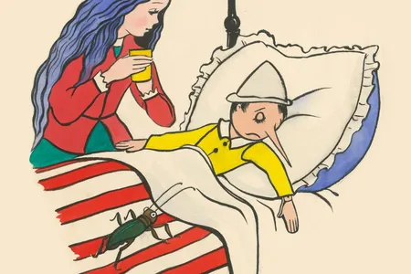 The Blue-Haired Fairy and the Talking Cricket try to make Pinocchio drink a medicine in an illustration for the children's novel The Adventures of Pinocchio, by Carlo Collodi (1826-1890).