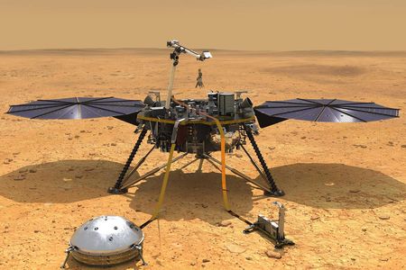 This illustration shows NASA's InSight spacecraft with its instruments deployed on the Martian surface.