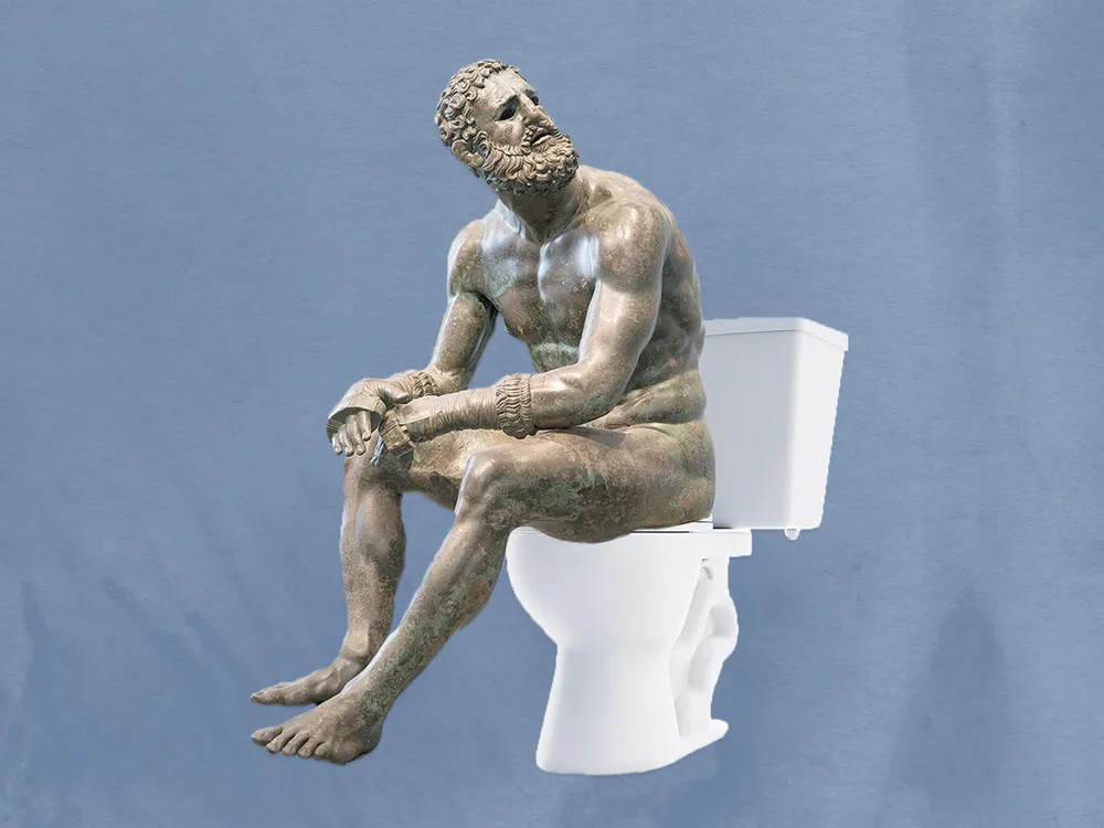 Photo illustration of a sculpted Roman boxer seated on a modern toilet